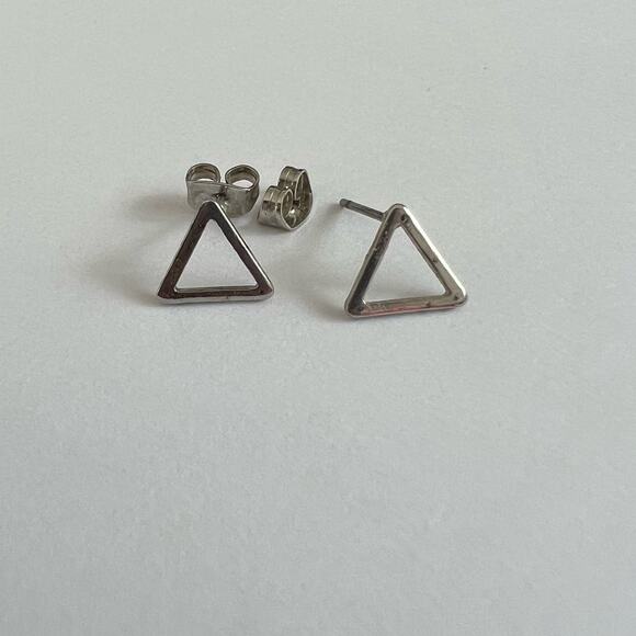 Silver tone Triangle Outline Stud Earrings Geometric Minimalist Modern - Picture 2 of 7